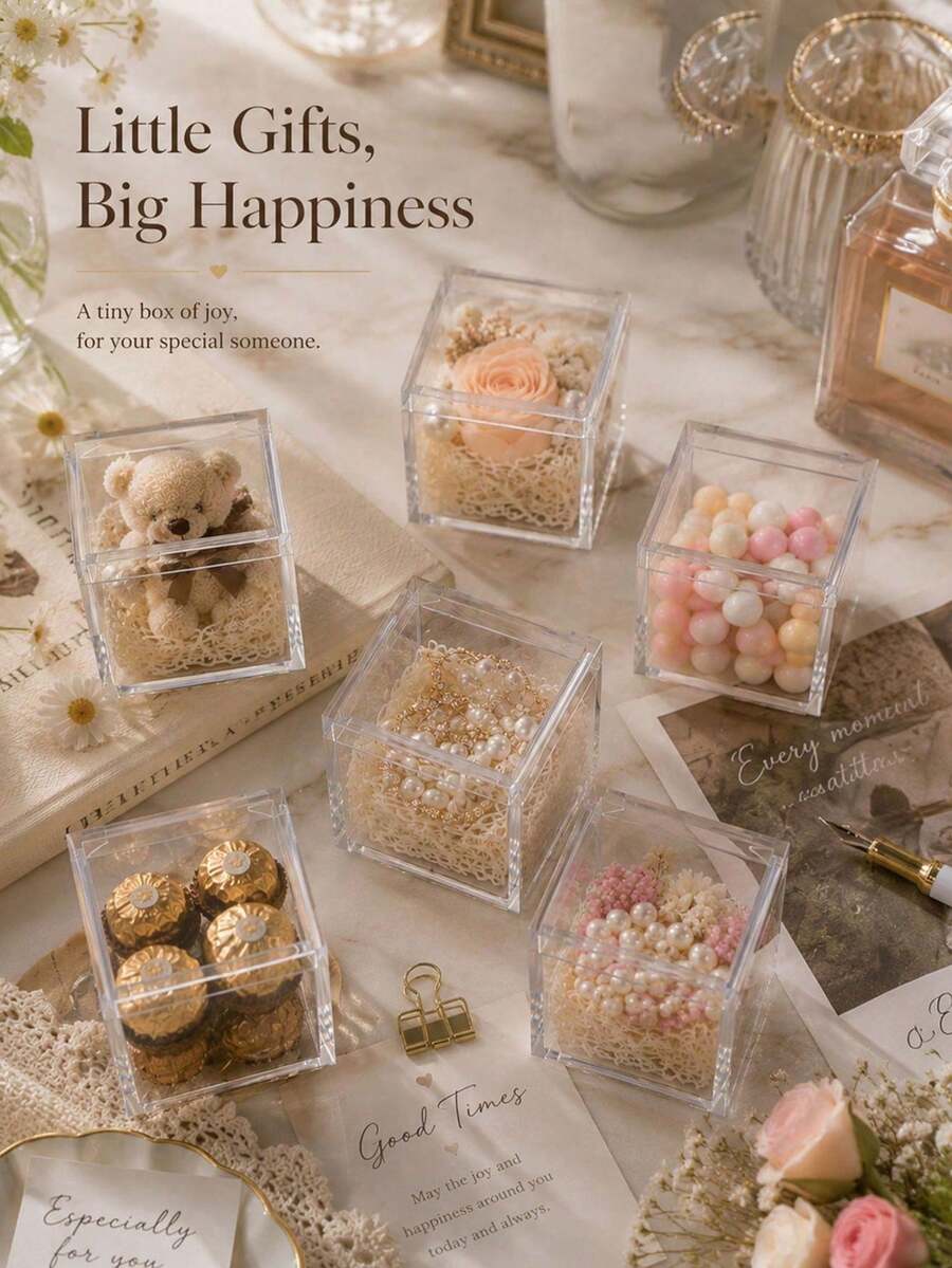 20 piezas Cajas de regalo con tapa transparente, cajas de embalaje de regalo a juego vacías, cajas cuadradas de almacenamiento y exhibición de joyas, cajas de almacenamiento de joyas multifuncionales adecuadas para accesorios, alimentos y dulces para exhibición en el hogar - 5*5*5 cm - Ver 1