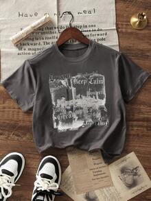 Camiseta de mujer de manga corta, de corte holgado, con cuello redondo y estampado de eslogan, nueva para el verano. Prenda de vestir de moda para uso diario, adecuada para ocasiones casuales y de vacaciones. - Gris Oscuro - Ver 5