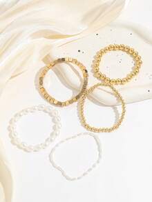 Set de 5 piezas de pulseras elásticas con cuentas de perlas falsas de CCB dorado, estilo INS, pulseras versátiles y de moda para mujeres - Dorado - Ver 5