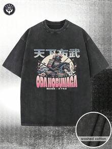Vintage Unisex Heavyweight 230g Pure Cotton Loose-Fit T-Shirt - Retro Japanese Samurai Pattern Print Street Style T-Shirt, Distressed Washed Round Neck Short Sleeve Shirt, Suitable For Daily Casual Wear, Theme Events, And Vintage Japanese Culture Style Fashion - 黑色 - 查看 7