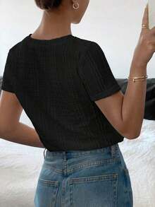 Camiseta de cuello redondo de manga corta de unicolor para mujer, versátil para el verano - Negro - Ver 2