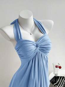 Top de tirantes con estampado de lunares marrones y detalle de nudo en la espalda para mujer, adecuado para verano, vacaciones de primavera, ceremonia de graduación, fiesta de boda, vacaciones elegantes, playa casual, estilo Y2K lindo y sexy y - Celeste - Ver 5