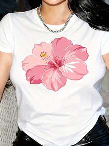 Nuevas llegadas para el verano. Camiseta de mujer con estampado floral rosa - Cuello redondo casual, manga corta, elegante y cómoda, ideal para todas las estaciones, para atuendos casuales, fiestas y cosplay, camiseta de uso diario, blusa con estampado floral, camisa > Hermosa. - Blanco - Ver 1