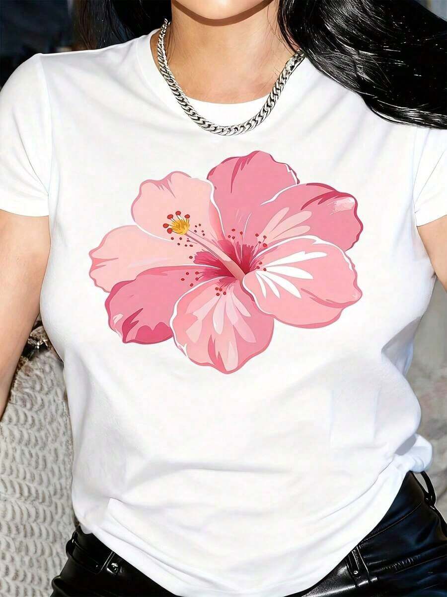 Nuevas llegadas para el verano. Camiseta de mujer con estampado floral rosa - Cuello redondo casual, manga corta, elegante y cómoda, ideal para todas las estaciones, para atuendos casuales, fiestas y cosplay, camiseta de uso diario, blusa con estampado floral, camisa > Hermosa. - Blanco - Ver 1