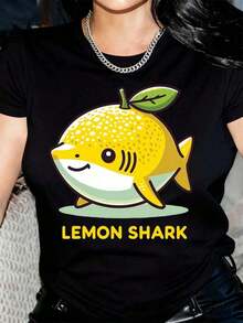 New Arrivals For Summer. Women's Lemon Shark Graphic T-Shirt - 100% Cotton, Short Sleeve, Crew Neck, Casual Style With Cartoon Print, Black And Yellow Design For Summer And Spring, Machine Washable, Fun Print T-Shirt, Comfortable Fit Blouse, Beautiful T-Shirt. - 白色 - 查看 6