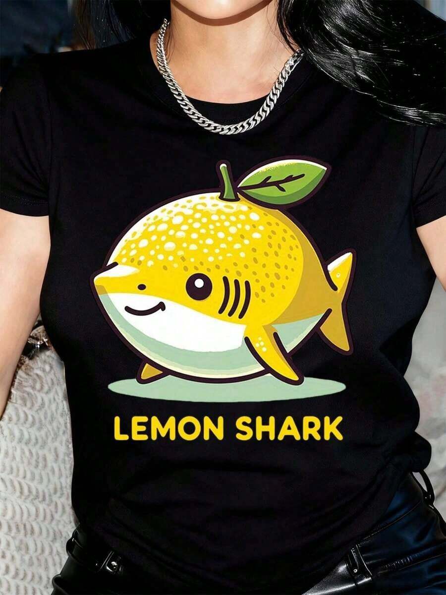 New Arrivals For Summer. Women's Lemon Shark Graphic T-Shirt - 100% Cotton, Short Sleeve, Crew Neck, Casual Style With Cartoon Print, Black And Yellow Design For Summer And Spring, Machine Washable, Fun Print T-Shirt, Comfortable Fit Blouse, Beautiful T-Shirt. - 黑色 - 查看 1