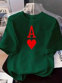 Women's T-Shirt, Short-Sleeved T-Shirt With Round Neck, 100% Machine Washable, Easy Care, Casual Design With Red Heart Prints And The Letter A In Playing Cards, New Summer Style 2026 For Daily Wear And Travel. - 黑色 - 查看 7