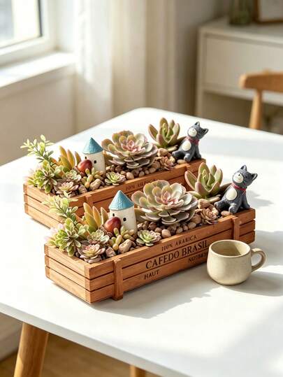 2 chậu trồng cây mọng nước bằng gỗ kiểu cổ điển, chậu hoa gỗ hình chữ nhật in họa tiết retro, hộp đựng đồ để bàn kiểu nhà nông phù hợp cho cây mọng nước, thảo mộc và các loại cây nhỏ, hộp gỗ đa năng trang trí nhà cửa, văn phòng và nhà bếp, chậu trồng cây đặt trên bệ cửa sổ kiểu nhà nông.