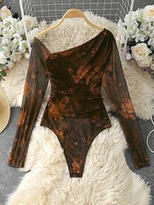 Body de manga larga con hombros transparentes y estampado de leopardo para mujer - Amarillo - Ver 7