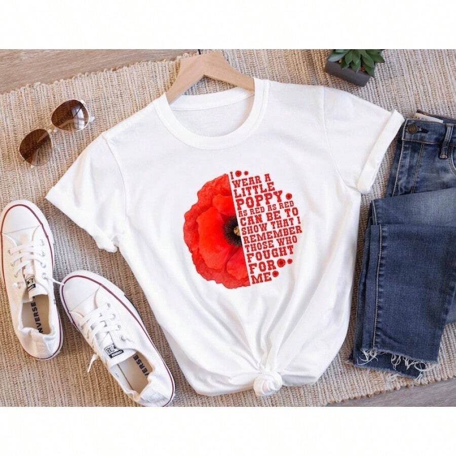 Camisetas "I Wear A Little Poppy", Camiseta Gratis, Camiseta con la Bandera Americana, Camiseta Patriótica, Camisetas del Día de la Independencia, Camiseta de la Libertad, Regalo del Día de los Caídos, Camisetas de Recuerdo para Mujer>camisa blusas para dama - Blanco - Ver 1
