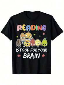 One Men's/Women's T-Shirt Featuring Fun Book Characters And The Slogan "Reading Is Food For Your Brain." This Casual, Short-Sleeved, Crew-Neck T-Shirt Is Comfortable And Suitable For Teachers And Students. The Same Style Is Available For Both Men And Women. This Printed Short-Sleeved T-Shirt Is Perfect For Summer. Made From 100% Cotton (180g). - 黑色 - 查看 1
