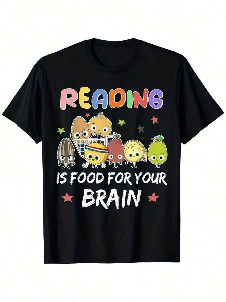 One Men's/Women's T-Shirt Featuring Fun Book Characters And The Slogan "Reading Is Food For Your Brain." This Casual, Short-Sleeved, Crew-Neck T-Shirt Is Comfortable And Suitable For Teachers And Students. The Same Style Is Available For Both Men And Women. This Printed Short-Sleeved T-Shirt Is Perfect For Summer. Made From 100% Cotton (180g). - 黑色 - 查看 1