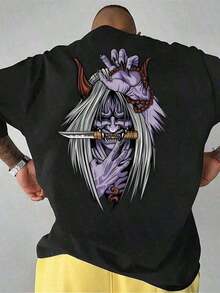 Men's Cotton T-Shirt, 180g Cotton, Black, With Japanese Anime Character Print, Loose Crew Neck, Unisex Fit, Very Breathable And Comfortable, Perfect For Any Occasion, Machine Washable, Sizes S-3XL, A Key Piece For All Seasons, Casual And Sporty Styles, A Must-Have For Comfort And Style, And Can Be Given As A Christmas/Summer Gift. MPAS UJ3C - 黑色 - 查看 1