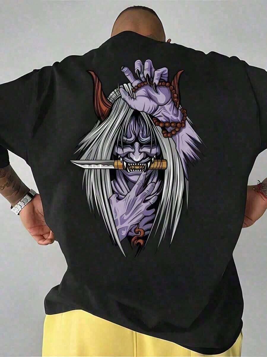 Men's Cotton T-Shirt, 180g Cotton, Black, With Japanese Anime Character Print, Loose Crew Neck, Unisex Fit, Very Breathable And Comfortable, Perfect For Any Occasion, Machine Washable, Sizes S-3XL, A Key Piece For All Seasons, Casual And Sporty Styles, A Must-Have For Comfort And Style, And Can Be Given As A Christmas/Summer Gift. MPAS UJ3C - 黑色 - 查看 1