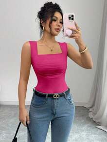 Camiseta sin mangas ajustada de cuello redondo con pliegues en color liso elegante y casual para mujer - Rosa Fucsia - Ver 7