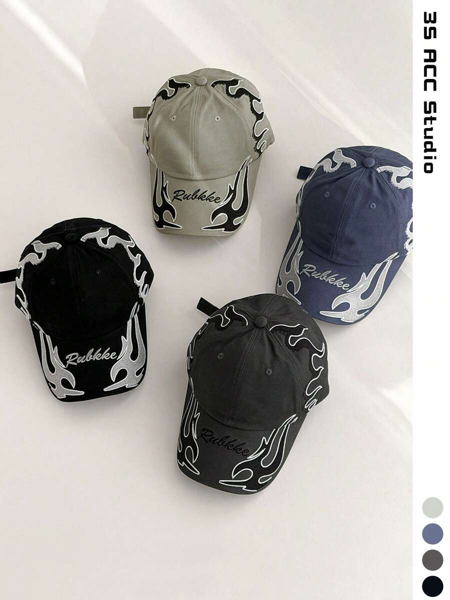 柔軟頂美式重磅刺繡火焰長帽簷棒球帽 女款美式字母復古街頭棒球帽 嘻哈個性酷辣百搭 夏季修臉防曬帽