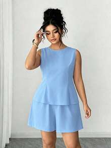 Conjunto de 2 piezas sin mangas rojo para mujer: Top corto con lazo en la espalda + Shorts, adecuado para citas, compras, fiestas, ir al trabajo, estilo elegante - Celeste - Ver 5