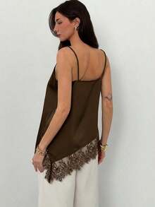 Camiseta elegante y sexy de mujer con estampado de leopardo y encaje en contraste, camiseta de estampado de leopardo elegante, top de fiesta, atuendos de playa y vacaciones para mujeres, top para salir - Café integral - Ver 7