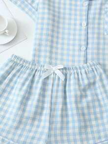 piezas de pijama con pantalón corto, de manga corta y estampado a cuadros para mujeres, ropa de estar por casa de verano - Azul - Ver 6