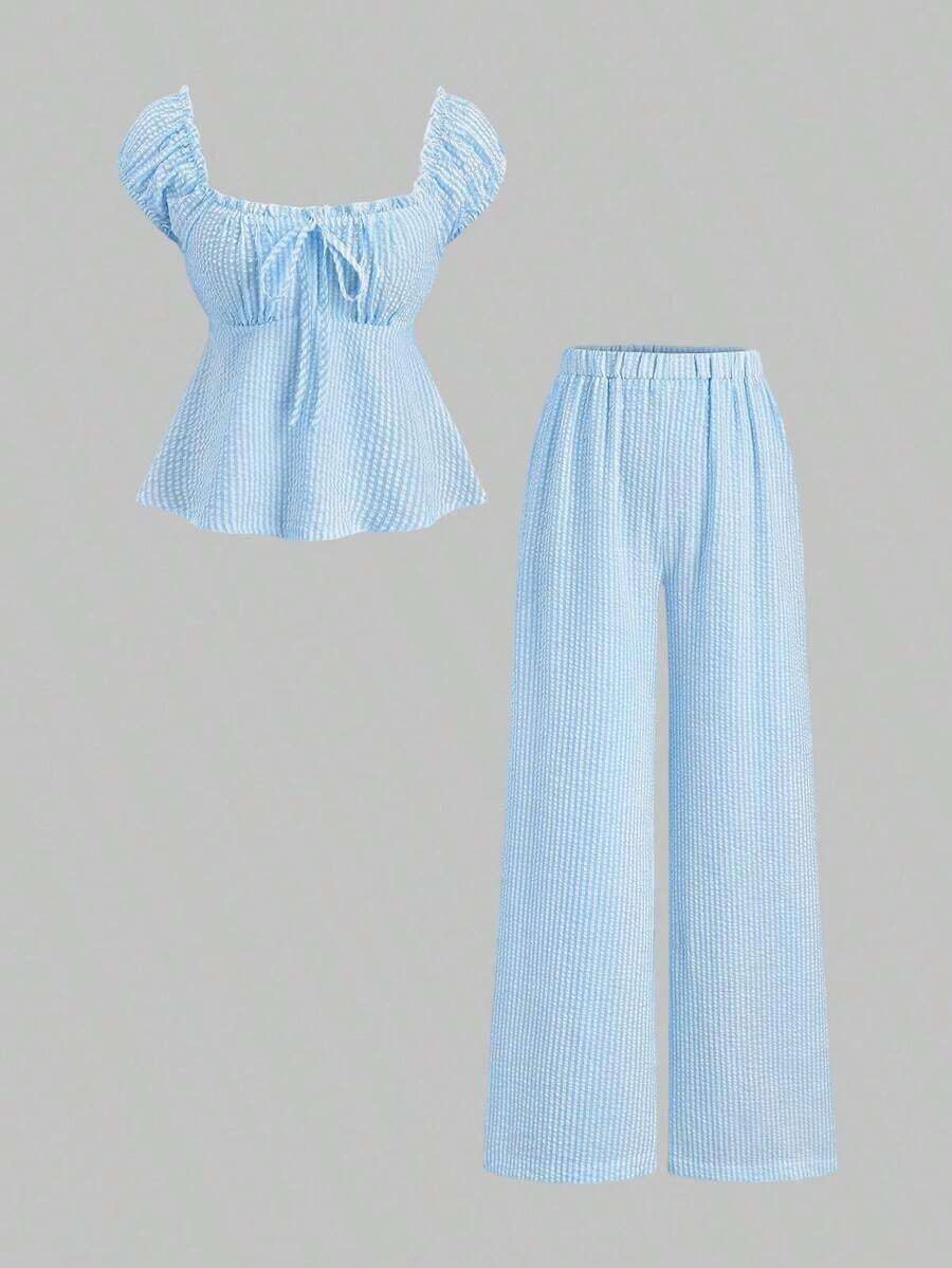 Conjunto de 2 piezas de blusa de manga de pétalo a rayas estilo francés dulce y pantalones rectos holgados para mujer, de primavera/verano - Azul - Ver 1