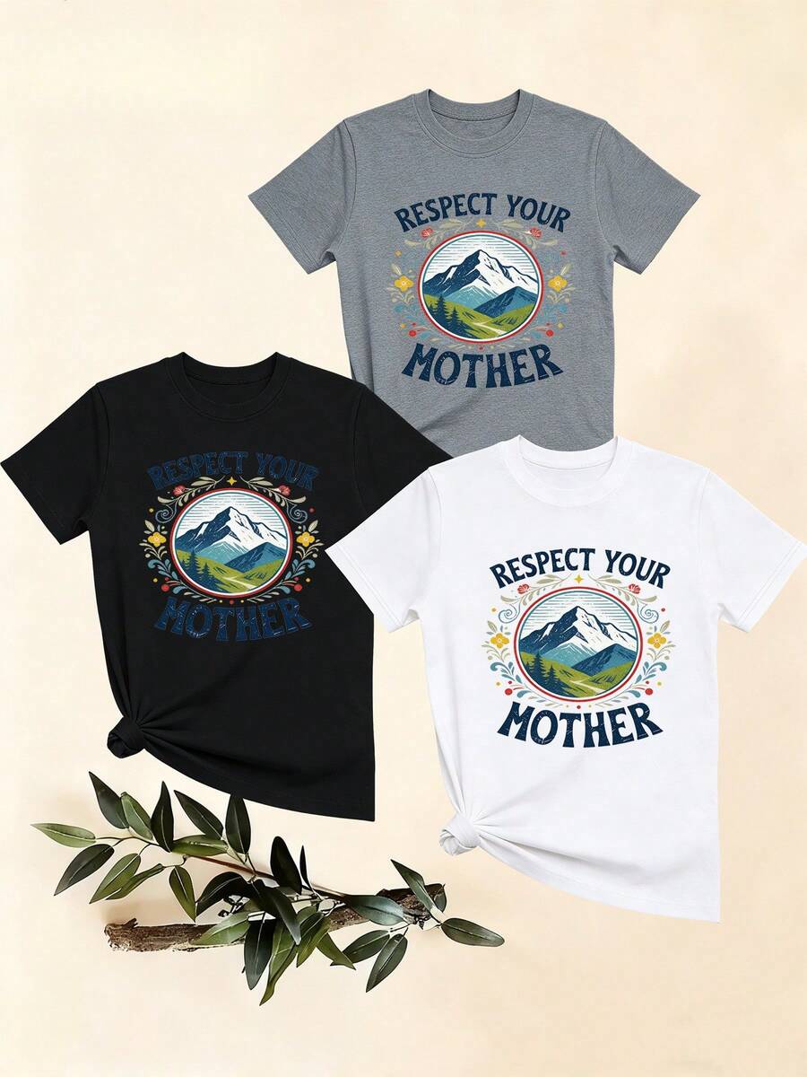 Women's T-Shirts, Women's T-Shirts, Retro Style Casual 1 Piece T-Shirt, Loose Fit Comfortable Top With Mountain Floral Print And Round Neck, Ideal For Respectful Mothers. - 1件黑色隨機圖案 - 查看 1