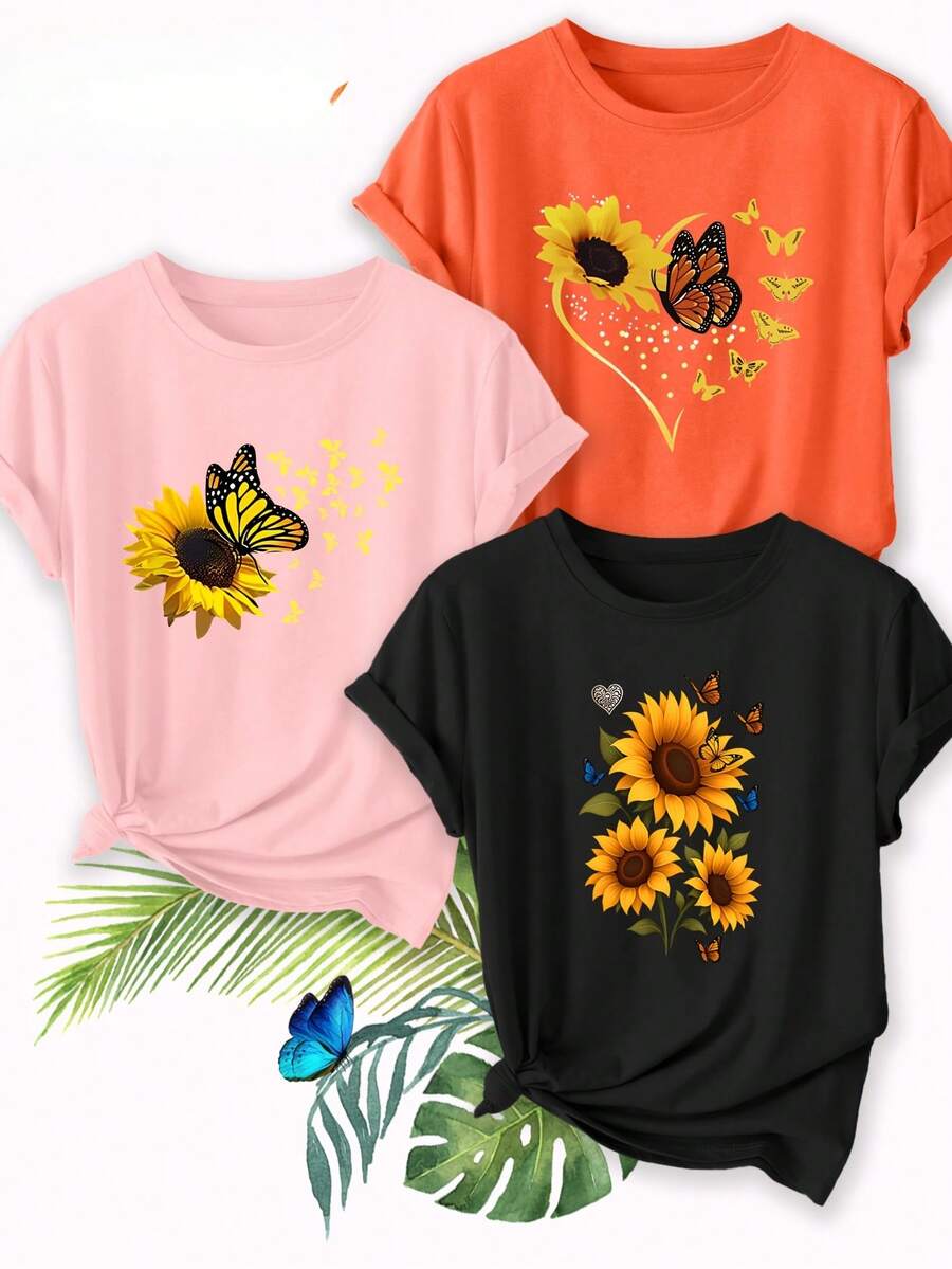 Women's T-Shirts, Women's T-Shirts, 1-Piece Set. Stylish Women's Short-Sleeved T-Shirt With A Sunflower And Butterfly Print And A Round Neck. Suitable For Spring, Summer, And Autumn. For Work, Vacations, Everyday Wear; Versatile, Casual, Elegant, Vintage-Style Top. Available In Sizes S-XXL. - 1件黑色隨機圖案 - 查看 1