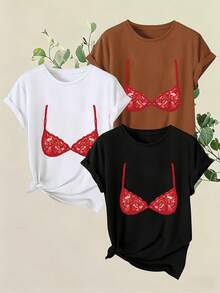 Women's T-Shirts, Women's T-Shirts, 1 Piece Set, Women's Short Sleeve, Short Sleeve T-Shirt With Round Neck And Red Lace Lingerie Print, Spring And Summer Urban Fashion Style, Women's T-Shirt. - 1件黑色隨機圖案 - 查看 6