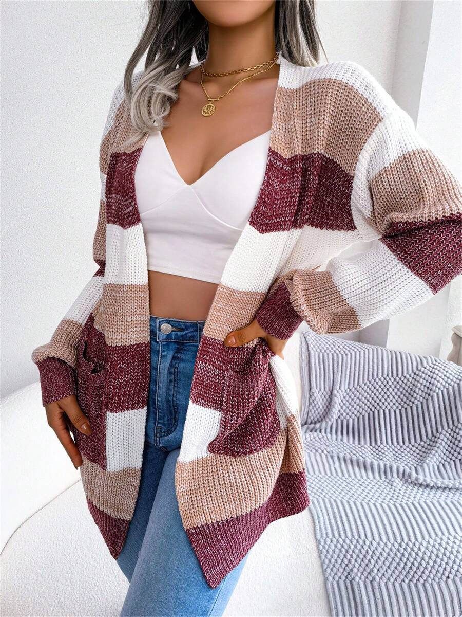 Women's Striped Cardigan Sweater Fall Winter Color Block Long Sleeve Puff Sleeve Open Front Knit Jacket With Pockets - 酒紅色 - 查看 1