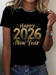 Christmas, Happy New Year 2026, English Lettering, Star Pattern Christmas Ornaments, Christmas Gifts, Christmas Party Clothes, Casual Loose Fit Round Neck Short Sleeve T-Shirt, Women's Tops,  Urban Women's Clothing With Temperament For Spring And Autumn - 黑色 - 查看 1