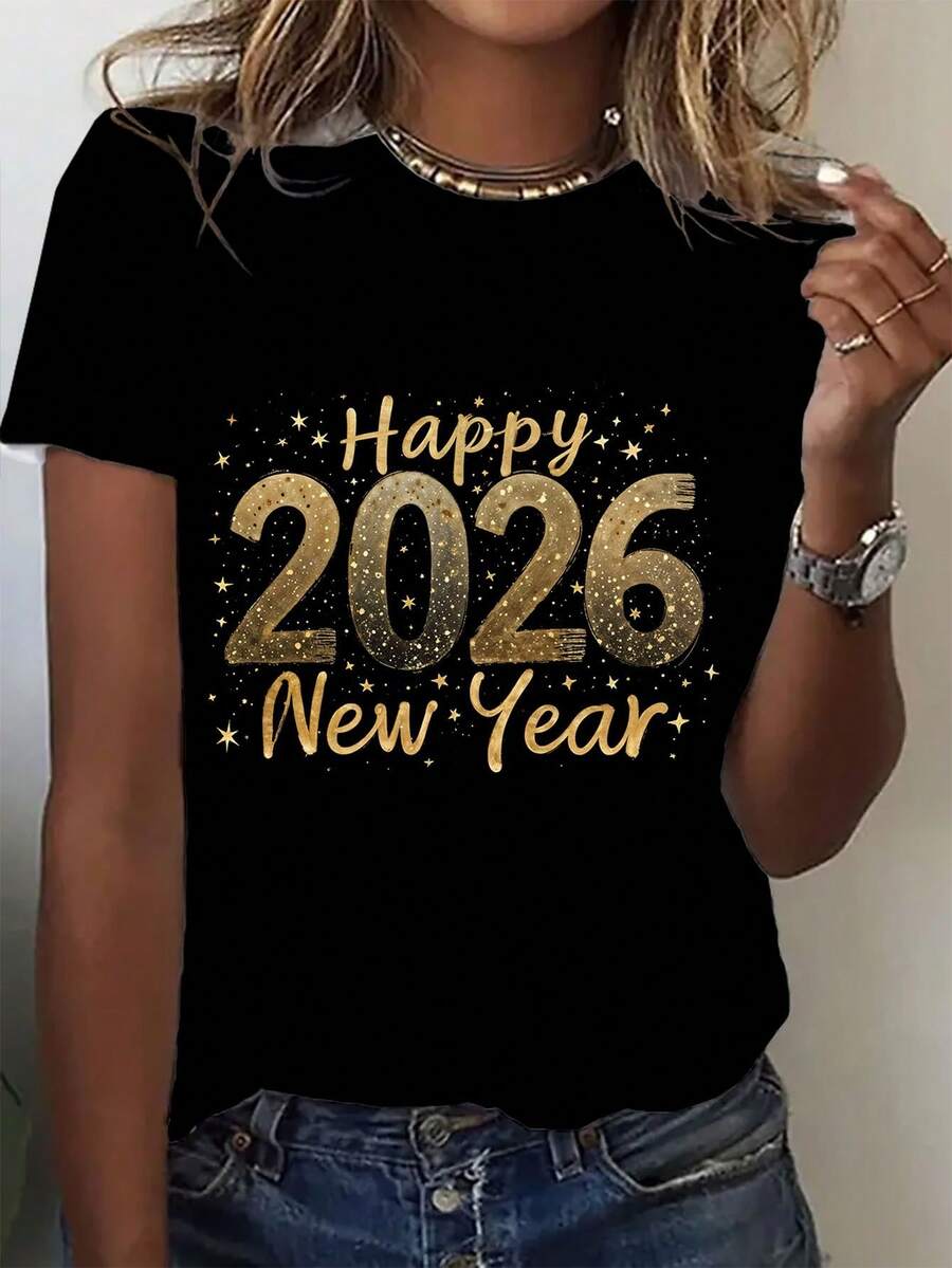 Christmas, Happy New Year 2026, English Lettering, Star Pattern Christmas Ornaments, Christmas Gifts, Christmas Party Clothes, Casual Loose Fit Round Neck Short Sleeve T-Shirt, Women's Tops, Urban Women's Clothing With Temperament For Spring And Autumn - 黑色 - 查看 1