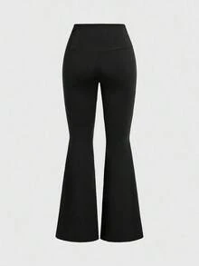 Nuevos Pantalones Acampanados De Talle Alto Con Envoltura En Color Sólido Simple Para Verano 2024 - Negro 2 - Ver 2