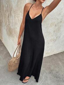 Vestido largo elegante de mujer con tirantes finos, espalda descubierta y lentejuelas, adecuado para fiestas, bodas, playa y vacaciones, color negro, para verano - Negro - Ver 5