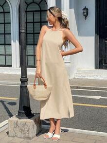 Vestido casual de vacaciones con cuello halter, envolvente y lazo en la espalda - Albaricoque - Ver 3