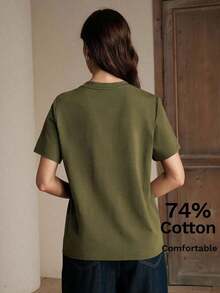 Elegante Blusa Corta de Manga Corta con Bordado de Cuentas 3D, 74% Algodón, para Primavera/Verano - Verde - Ver 2