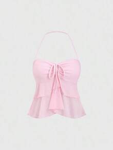 Top de tirantes de cuello halter de unicolor, uso diario simple, estilo Y2K para mujer - Rosa - Ver 1