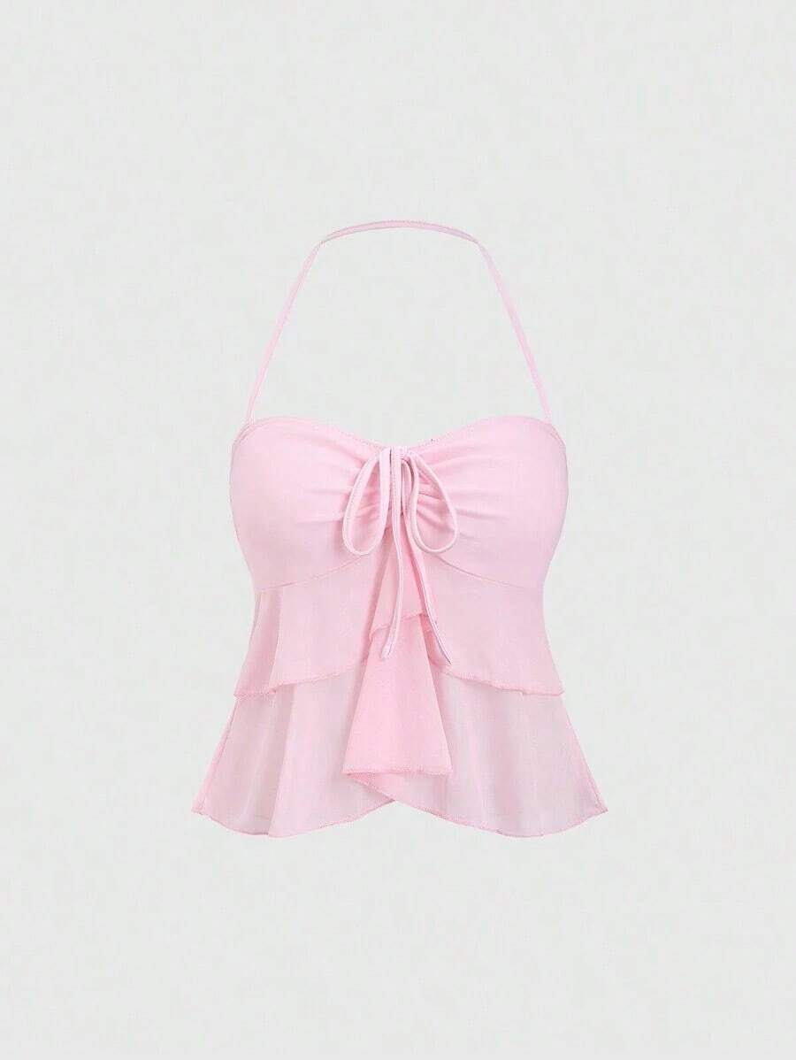 Top de tirantes de cuello halter de unicolor, uso diario simple, estilo Y2K para mujer - Rosa - Ver 1