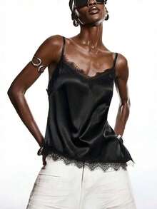 2026 Nueva blusa de satén brillante con encaje gris minimalista de primavera, camisola con adorno de encaje elegante adecuada para primavera/verano; camisa elegante adecuada para fiesta, primavera, Navidad, Año Nuevo; blusa de camisola de satén eleg - Negro - Ver 7