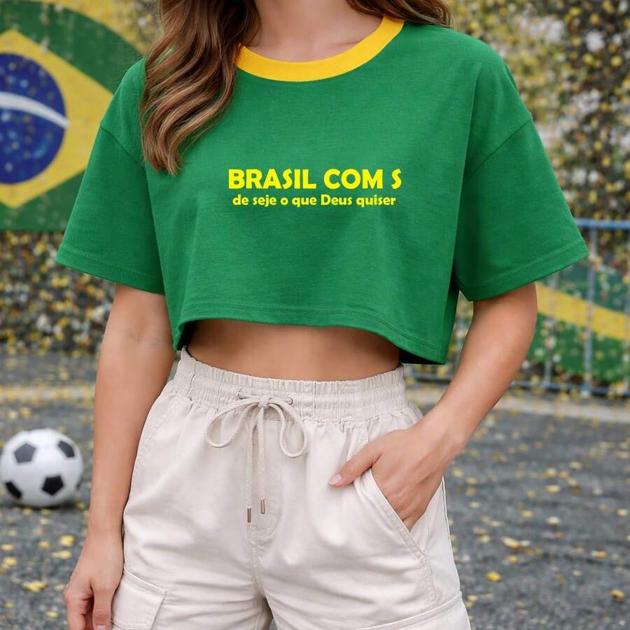 Women's Oversized Cropped Top For Brazil, Brazilian World Cup Fashion, 100% Cotton - Green - View 1