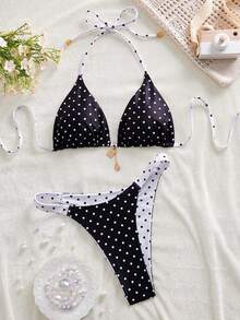 Conjunto de bikini reversible con estampado de lunares en contraste, con escote halter y nudo en la espalda, de estilo dulce y sexy, para vacaciones en la playa - Blanco y Negro - Ver 4
