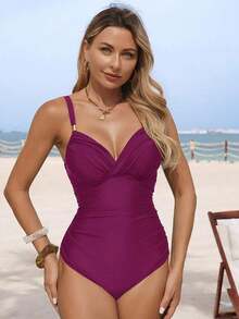 Traje de baño de una pieza con control de abdomen y acolchado, elegante y maduro, para mujer, color negro - Burdeos - Ver 3