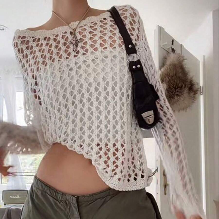 Hollowed-Out Large Round-Neck Knitted Cardigan For Women, 2026 New Model, Solid Color, Loose-Fitting, See-Through Mesh Long-Sleeve Top - Off White - View 1