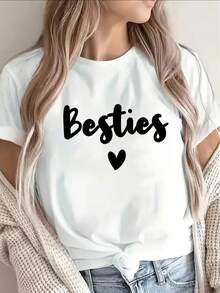 Camiseta de manga corta de diseño sencillo, ligera y duradera, con estampado de Besties y diseño de corazón, es perfecta para salidas informales, cenas o pasar tiempo con amigos, ofreciendo una experiencia de uso diario cómoda. Elegante y práctica para el verano. - Blanco - Ver 12