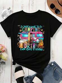 1 Piece Women's Crew Neck T-Shirt With Camping, Beer And Campfire Print, Short Sleeve, Casual, For Outdoor Adventures, Summer, 180g 100% Cotton - 黑色 - 查看 3