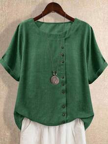 Kemeja Lengan Pendek Linen Baru untuk Wanita Ukuran Plus, Blus Kasual Longgar Ringan dengan Kancing Samping Bergaya Retro Artistik untuk Musim Panas - Hijau Tentara - View 1