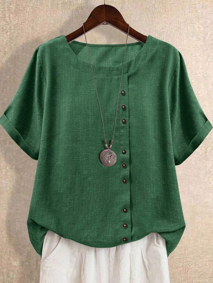 Kemeja Lengan Pendek Linen Baru untuk Wanita Ukuran Plus, Blus Kasual Longgar Ringan dengan Kancing Samping Bergaya Retro Artistik untuk Musim Panas - Hijau Tentara - View 1