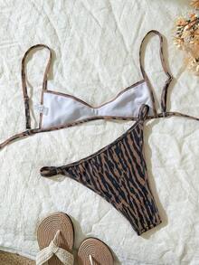 Set de 2 piezas Bikini de tirantes finos con estampado aleatorio para mujer, verano - Multicolor 12 - Ver 2
