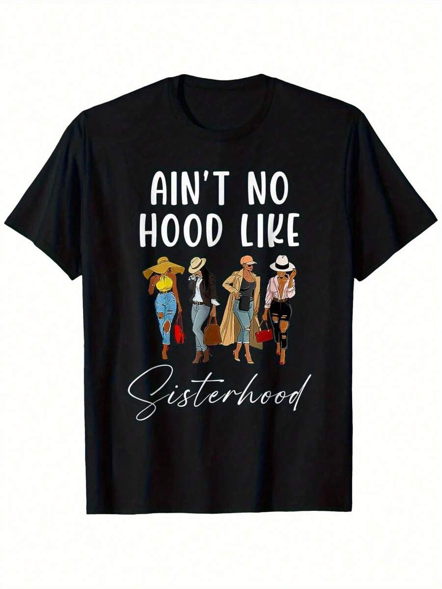 Women's Empowerment T-Shirt With African Design - Slogan "There Is No Deeper Bond Than Sisterhood" With African Women Design, Unisex Loose-Fitting Short-Sleeved T-Shirt, Black Color, Sisterhood Design T-Shirt, Suitable For Sisters And Women. - 黑色 - 查看 1