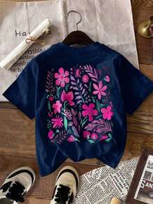 Howell Women's Plus Size Black Short Sleeve T-Shirt, Versatile Style, Hand-Painted Daisy Floral Print, Casual And Cool For Summer - 海軍藍 - 查看 3