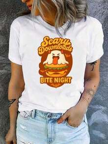 Women's Halloween T-Shirt - Scary Shocking Night Of Bites Graphic Tee - Black With Orange Horror Design - Casual Crew Neck T-Shirt For Halloween Party Costume - Spooky Clothing For All Year Round, Halloween Clothes, Seasonal Fashion, Fun Print, Durable Fabric, Printed Top, For Horror Fans, Comfortable Fit, Short Sleeve T-Shirt, Printed Clothing, For Partygoers, Loose And Comfortable - 白色的 - 查看 1