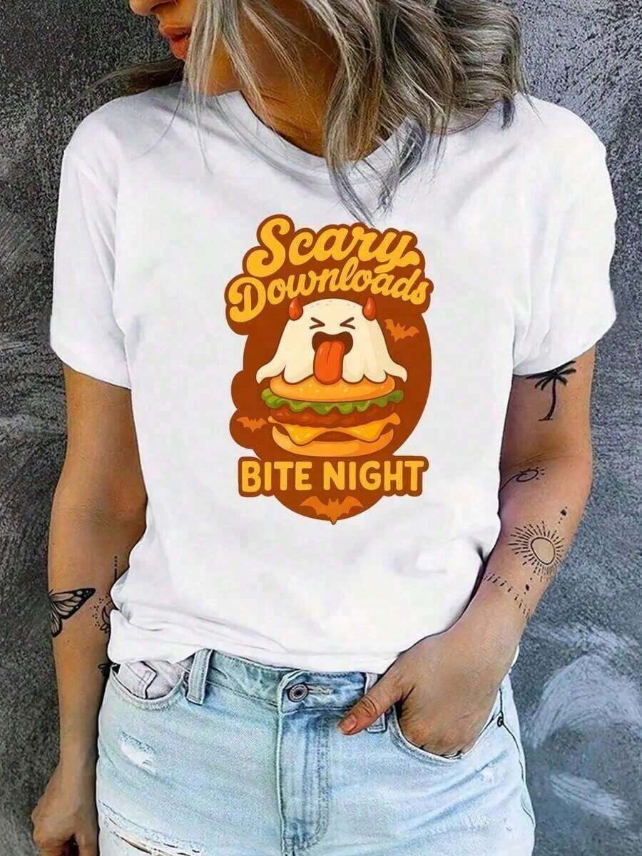 Women's Halloween T-Shirt - Scary Shocking Night Of Bites Graphic Tee - Black With Orange Horror Design - Casual Crew Neck T-Shirt For Halloween Party Costume - Spooky Clothing For All Year Round, Halloween Clothes, Seasonal Fashion, Fun Print, Durable Fabric, Printed Top, For Horror Fans, Comfortable Fit, Short Sleeve T-Shirt, Printed Clothing, For Partygoers, Loose And Comfortable - 白色的 - 查看 1